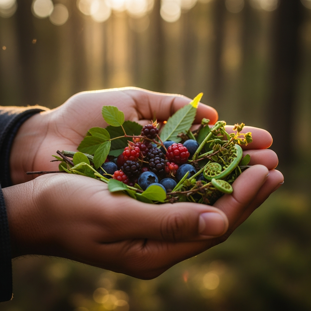 Hands sharing a foraged discovery
