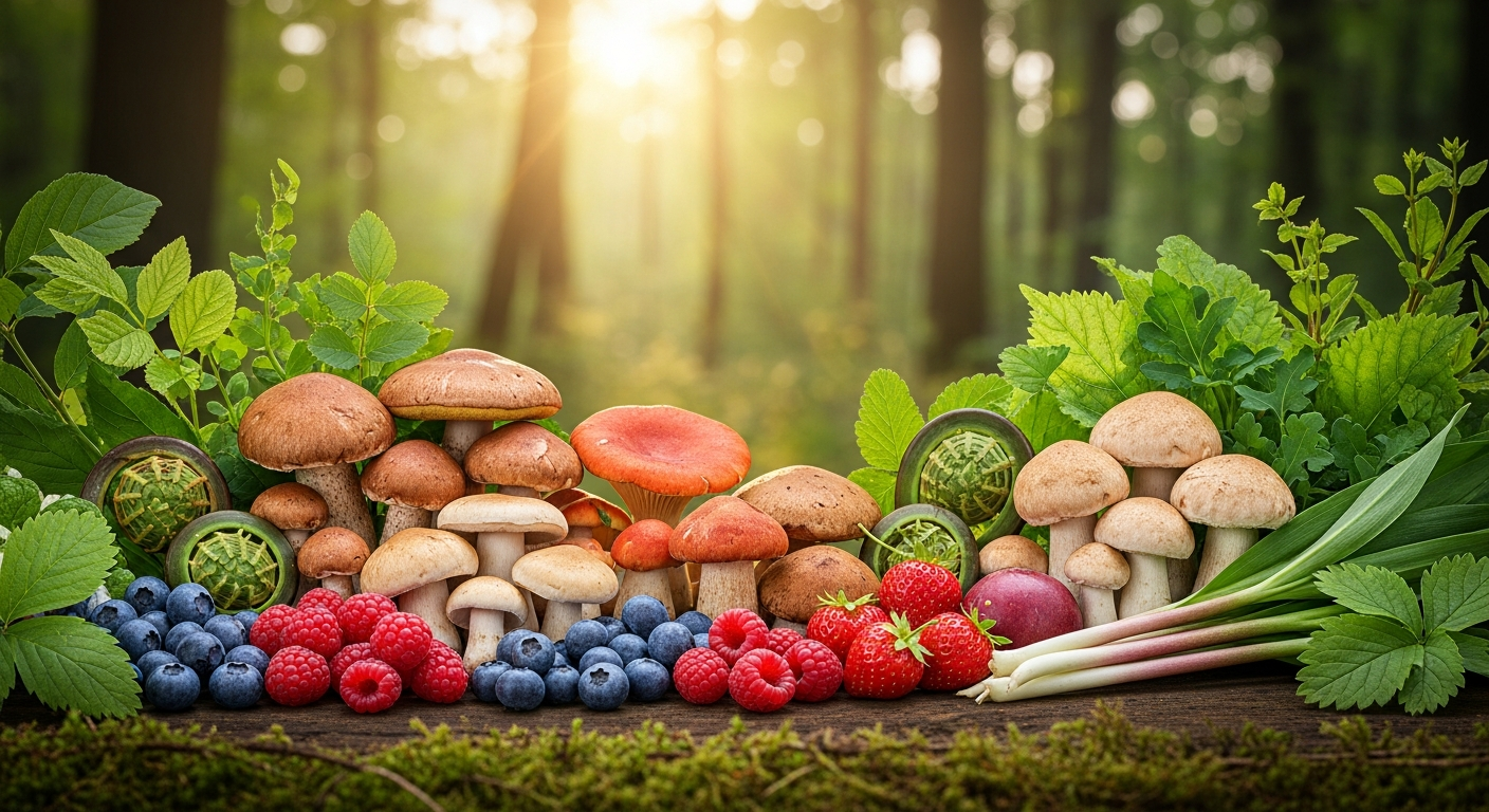 Wild mushrooms, berries, and greens in a sunlit forest